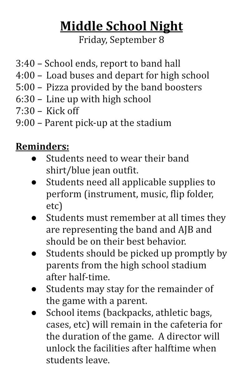 Info for our Middle School Night football game has been posted! This event is for Honor and Symphonic band members and can also be found on our website and band calendar. 
#MusicforAll #FutureMatadors #MatadorFamily