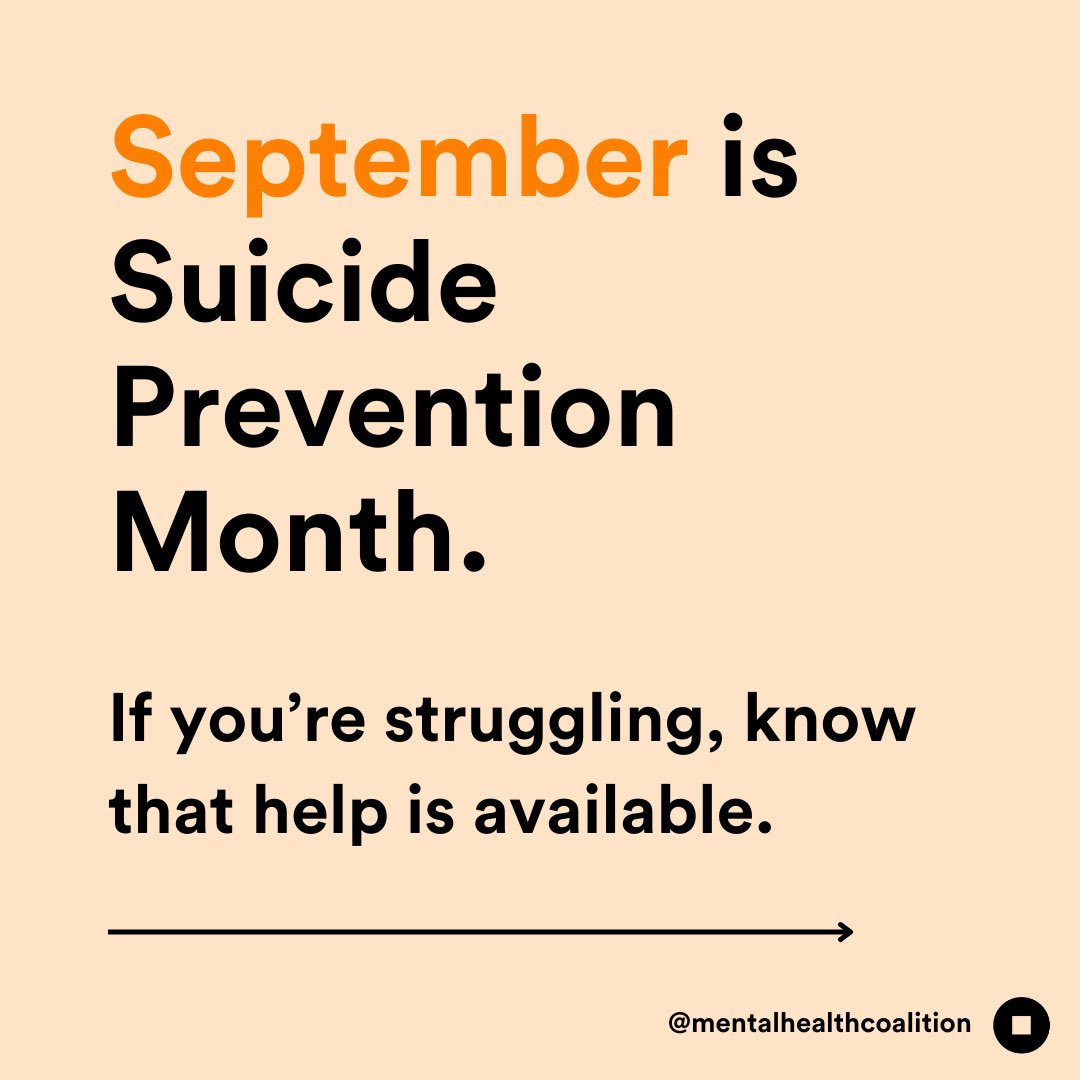 mentalhealthcln's tweet photo. In honor of National Suicide Prevention Month this September, help us spread the word: Help is always available.

Resources like @988lifeline, @crisistextline, and @trevorproject are available with 24/7, free support for mental health crises to anyone in the US. https://t.co/CHYwfOY6e4