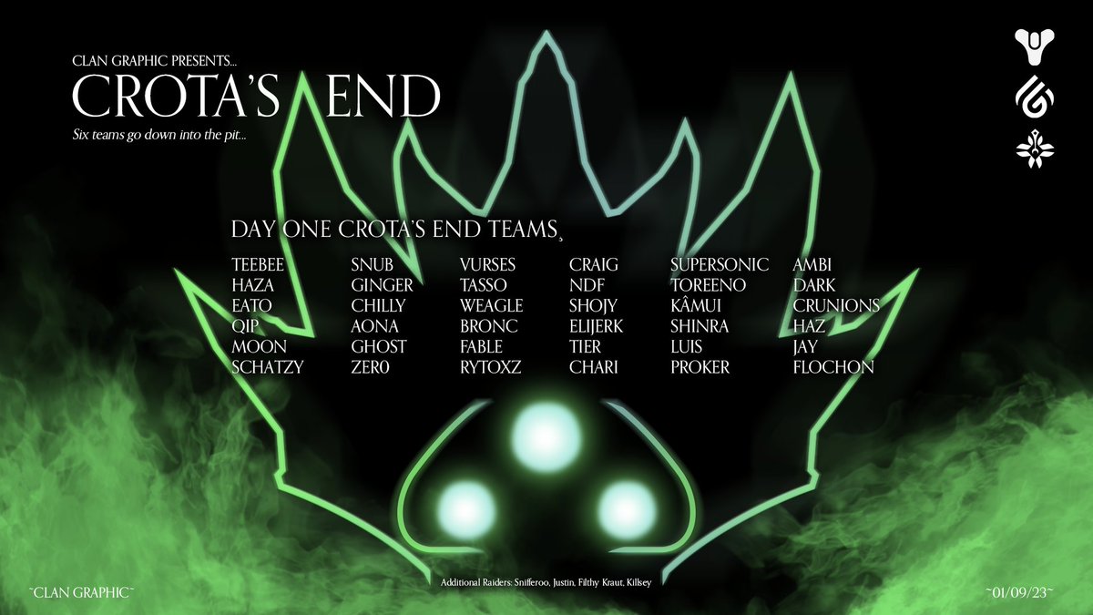 The time has come again. Six of our teams will go down into the pit to confront the son of Oryx again. Crota will fall again.

Good luck to all of our day 1 teams! #Destiny2 #crotasend <a href="/DestinyGameUK/">Destiny 2 UK</a> <a href="/TwitchRivals/">Twitch Rivals</a>