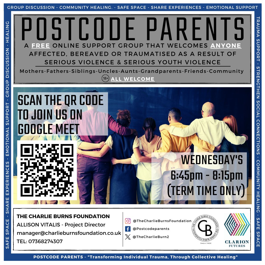 TheCharlieBurn2's tweet photo. **POSTCODE PARENTS ARE BACK!!!!**
 Wednesday 6th of September, 6:45pm - 8:15pm.
 select the Google Meet link below to join.
https://t.co/qjBiFD5L8q
Looking forward to seeing you all there.
#postcodeparents #knifecrime #guncrime  #SupportGroup #SeriousViolence #safespace https://t.co/VEmkRqIvNk