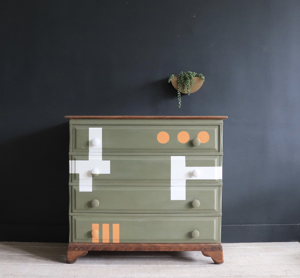 A geometric Chest of Drawers:

First, coat in Chalk Paint 'Olive'. 
Next, use templates &amp; outline with chalk on the furniture. Then use Annie Sloan Flat Brush &amp; Chalk Paint in 'Old White' &amp; 'Barcelona Orange' to paint the shapes. Finally, apply a coat of 'Clear' Chalk Paint Wax.