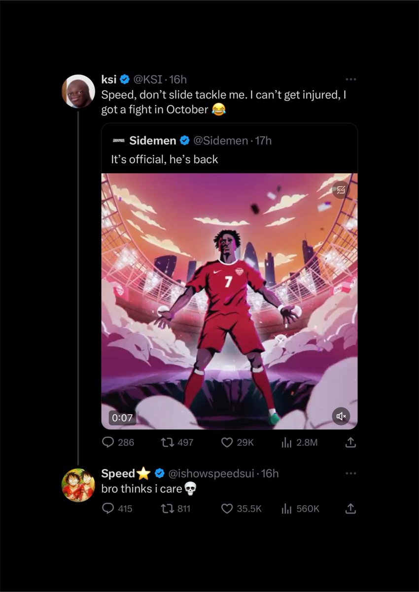 Dexerto's tweet photo. IShowSpeed responded to KSI asking not to slide tackle him during the next Sidemen Charity football match https://t.co/ALRD1qJNPh