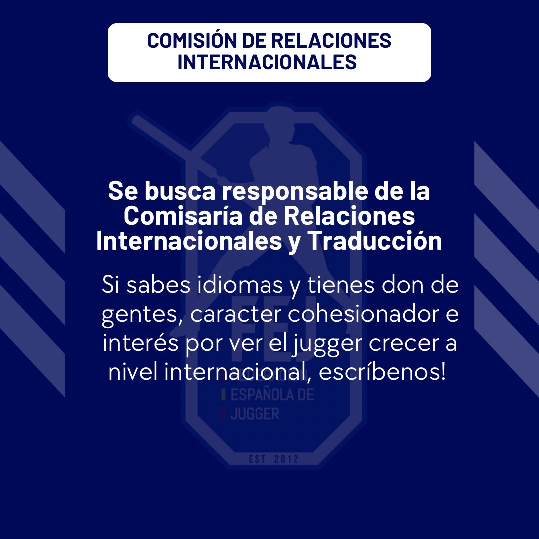 Fejugger's tweet photo. 👀 Se busca responsable para la Comisaría de Relaciones Internacionales y Traducción 🌏

Si estás interesado, escríbenos por aquí o a través de tu representante 💙 https://t.co/18MFC3pyKW