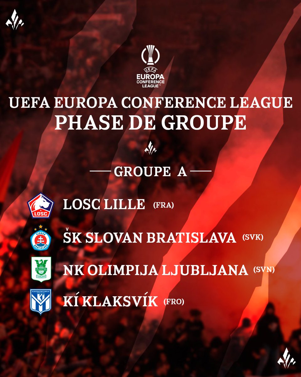 𝐔𝐄𝐅𝐀 𝐄𝐮𝐫𝐨𝐩𝐚 𝐂𝐨𝐧𝐟𝐞𝐫𝐞𝐧𝐜𝐞 𝐋𝐞𝐚𝐠𝐮𝐞 𝟐𝟎𝟐𝟑-𝟐𝟎𝟐𝟒 👊 𝐆𝐫𝐨𝐮𝐩𝐞 𝐀 ⬇️ 🇫🇷 Lille OSC 🇸🇰 ŠK Slovan Bratislava 🇸🇮 NK Olimpija Ljubljana 🇫🇴 KÍ Klaksvík #UECLdraw