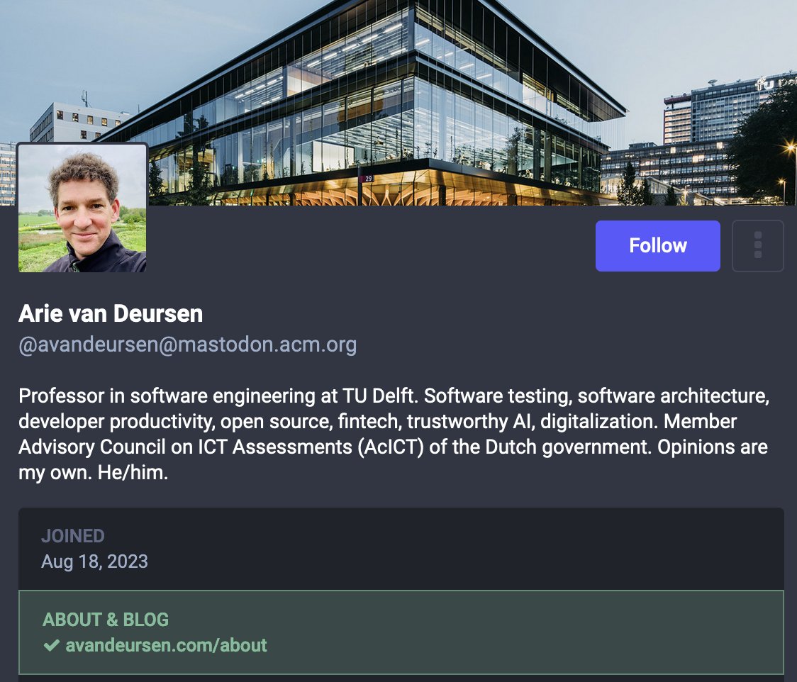 Check out <a href="/avandeursen/">Arie van Deursen</a> 's blog post, where he shares his reasons for moving from X to Mastodon, eventually joining the ACM #Mastodon instance: bit.ly/3P0gs1B 
We can't wait to see you there, too!

#fediverse #computing #professional#community #digitalmigration