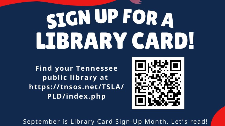 LaVergneLibrary's tweet photo. September is Library Card Sign-up Month. You can sign-up for an e-card to have access to a wide range of digital source. #TennesseeLibraries #LibraryCardSignupMonth @LHSintheNews @rucoschools @RuCoLibraries https://t.co/RcUK78xKM5