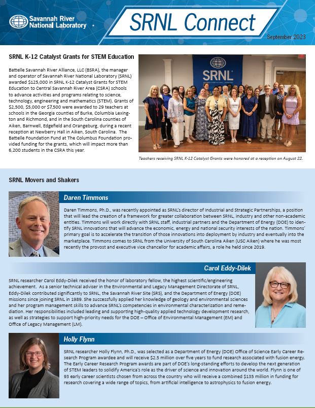 SRNLab's tweet image. The latest edition of SRNL Connect is now available. 
 SRNL Connect provides short bits of news about our activities at the lab and our engagement in the CSRA community. 
srs.gov/general/srnl/n…