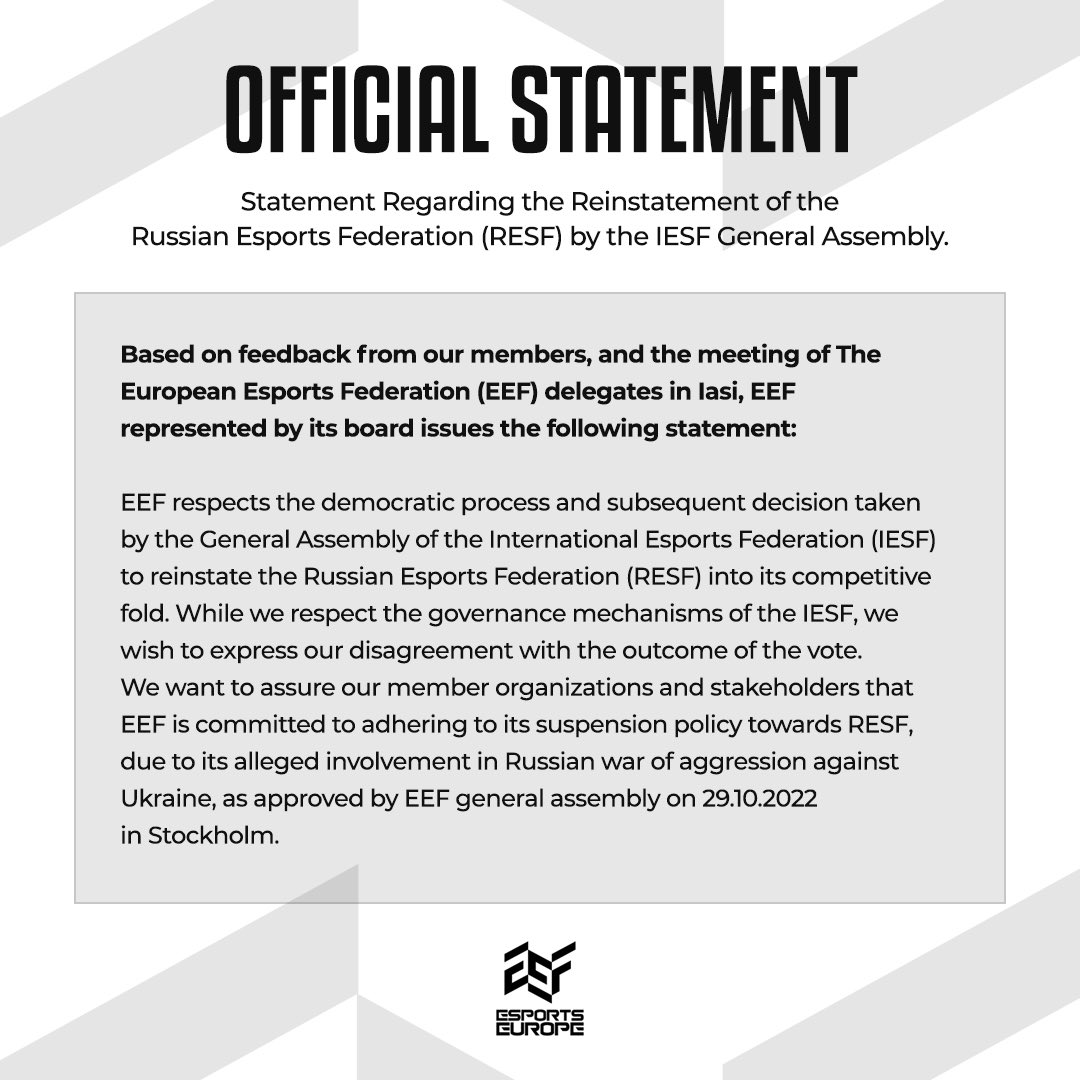 Statement Regarding the Reinstatement of the Russian Esports Federation (RESF) by the @iesf_official General Assembly:
