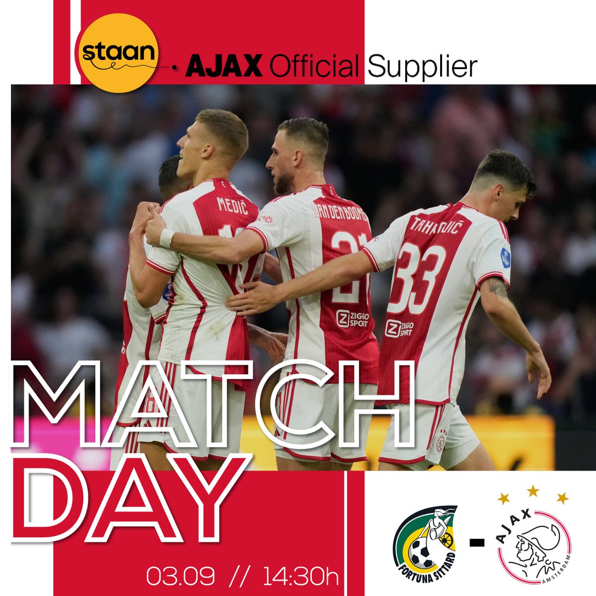 𝐌𝐚𝐭𝐜𝐡𝐝𝐚𝐲! ⚽️
Tijd om ons te revancheren voor afgelopen donderdag en 3 punten op te halen in Sittard! 
 
#WijStaanvoorAJAX ❌❌❌ #ForAja