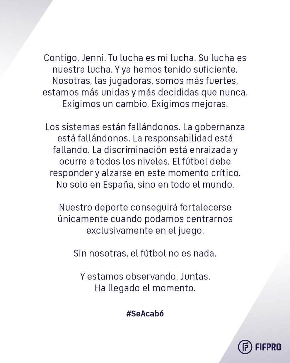 relevo's tweet photo. FifPro lanza un comunicado en apoyo a Jenni.

💬 "Tu lucha es mi lucha. Su lucha es nuestra lucha. Y ya hemos tenido suficiente. Exigimos un cambio. Exigimos mejoras". 

💬 "Nuestro deporte conseguirá fortalecerse cuando podamos centrarnos exclusivamente en el juego". https://t.co/Eh1dgjaWUl