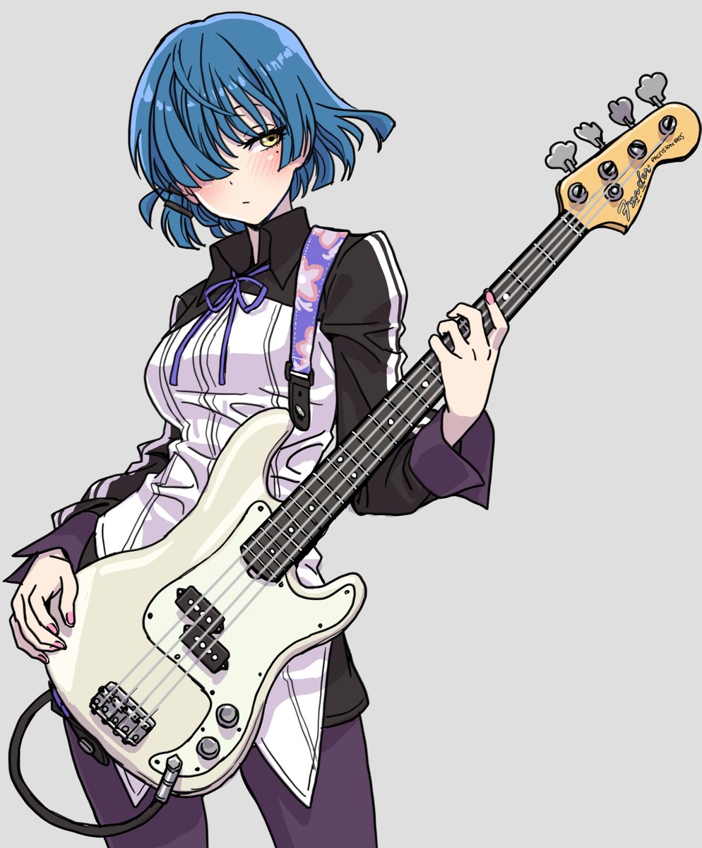 1girl solo instrument blue hair bass guitar short hair hair over one eye  illustration images