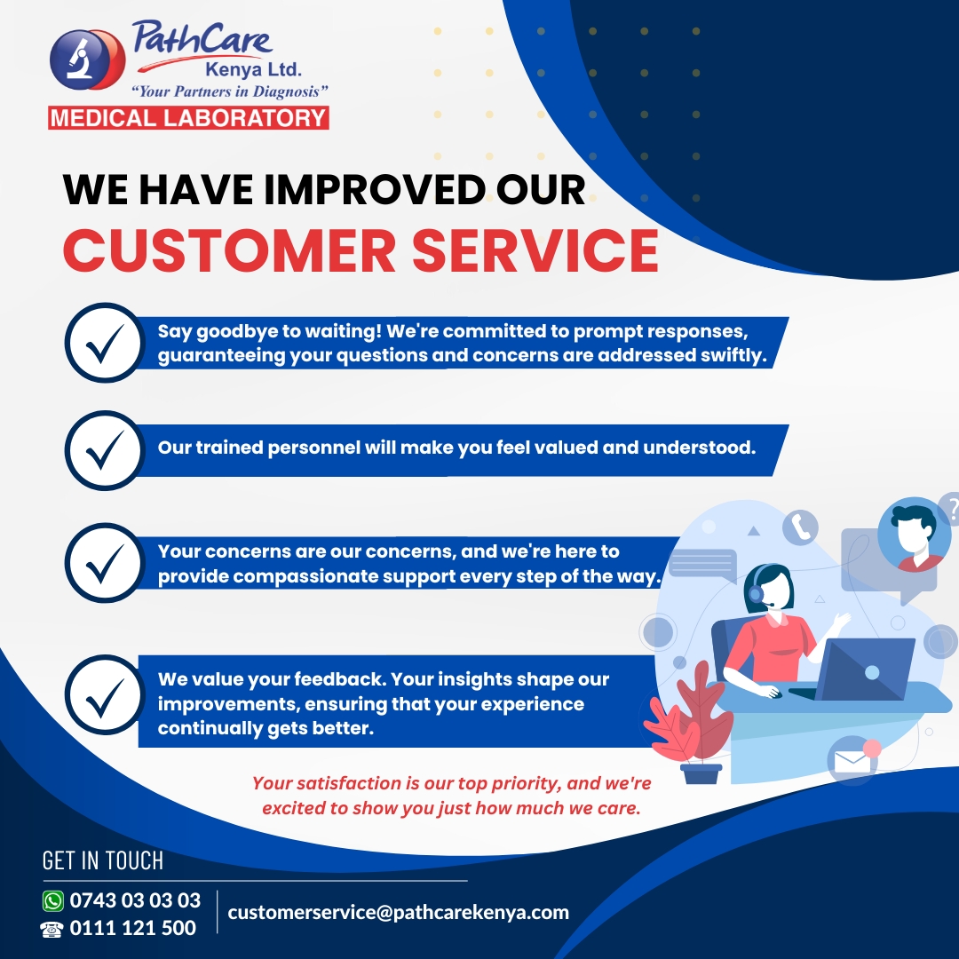 PathcareKenya's tweet photo. Discover a whole new level of personalized care and unwavering support with our enhanced customer service. We're not just a laboratory; we're your partner on your journey. Your satisfaction is our priority, and we're committed to making every interaction extraordinary. https://t.co/zXlfoOiMGp