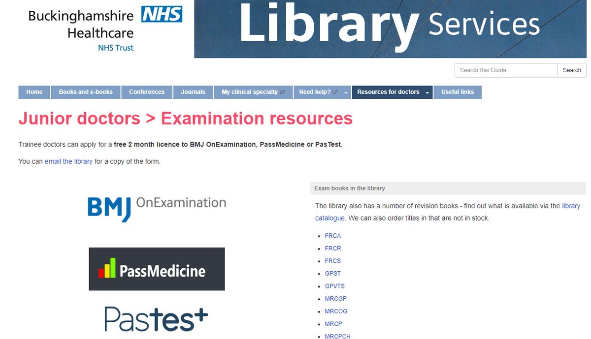 Do you have an exam coming up soon?
BHT trainee doctors can apply for a free licence, details here:
buckshealthcare.nhs.libguides.com/juniordoctors/…
#BHTLibrary #exams #questionbanks #BMJOnExamination #Pastest #Passmedicine