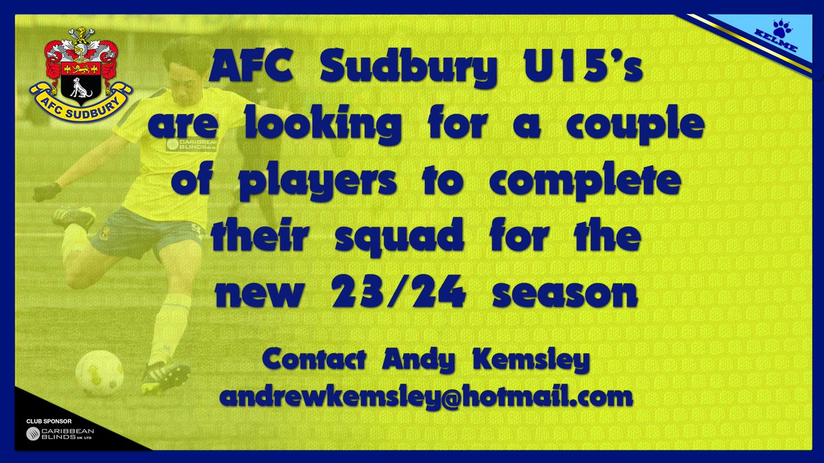 Still looking for a couple more players in our U12's and U15's for the coming season. Contact andrewkemsley@hotmail.com to register your interest or ask for further details.

Come on you Yellows