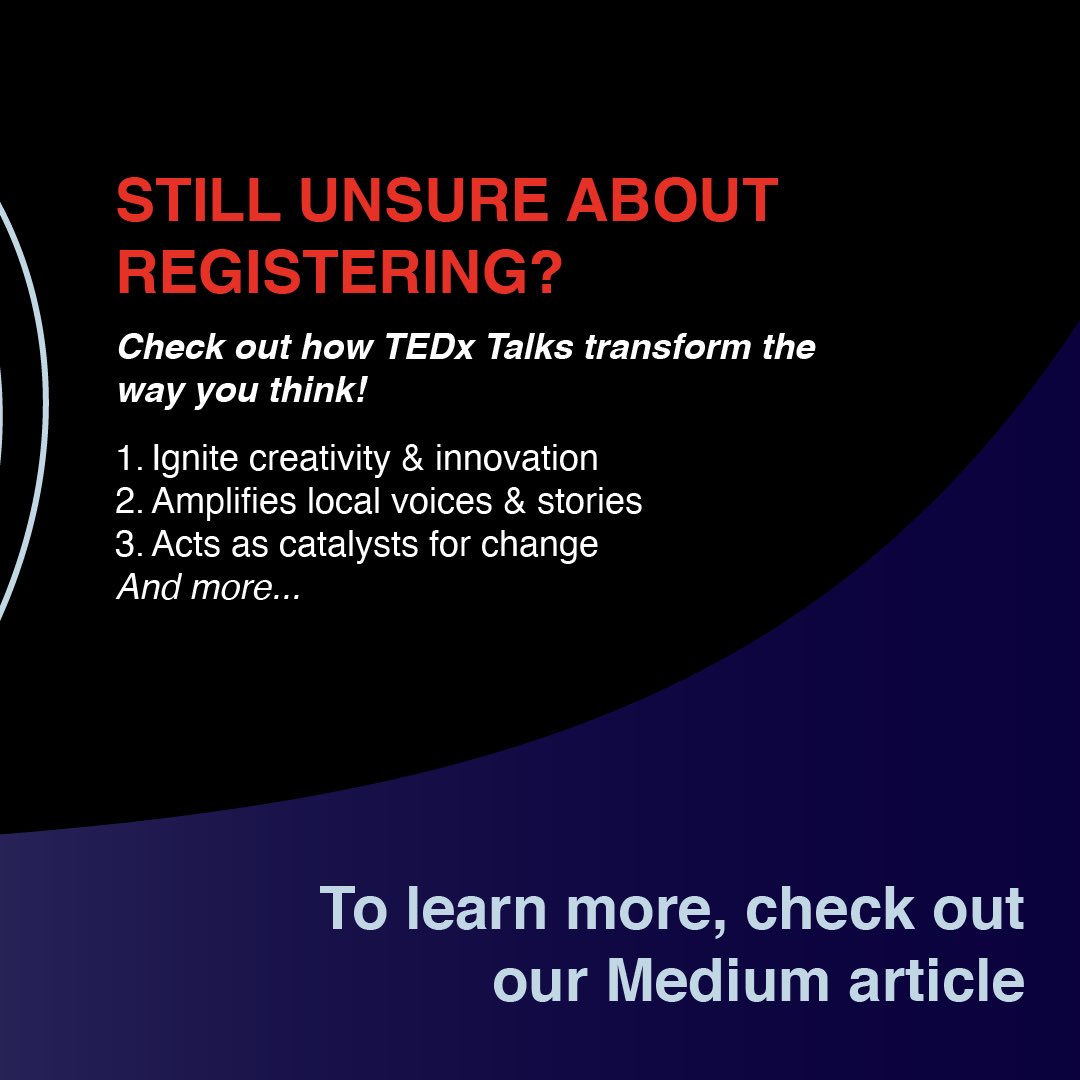 "⏳ Only 7 Days Left to register for TEDxUW 2023! ! ⏳

📅 Application Deadline: September 8th
🔗 Application Form: [Link in Bio]

Ready to immerse yourself in inspiring talks? Don't miss this chance!

⚠️ Apply now to secure your spot! Early applicants get priority.