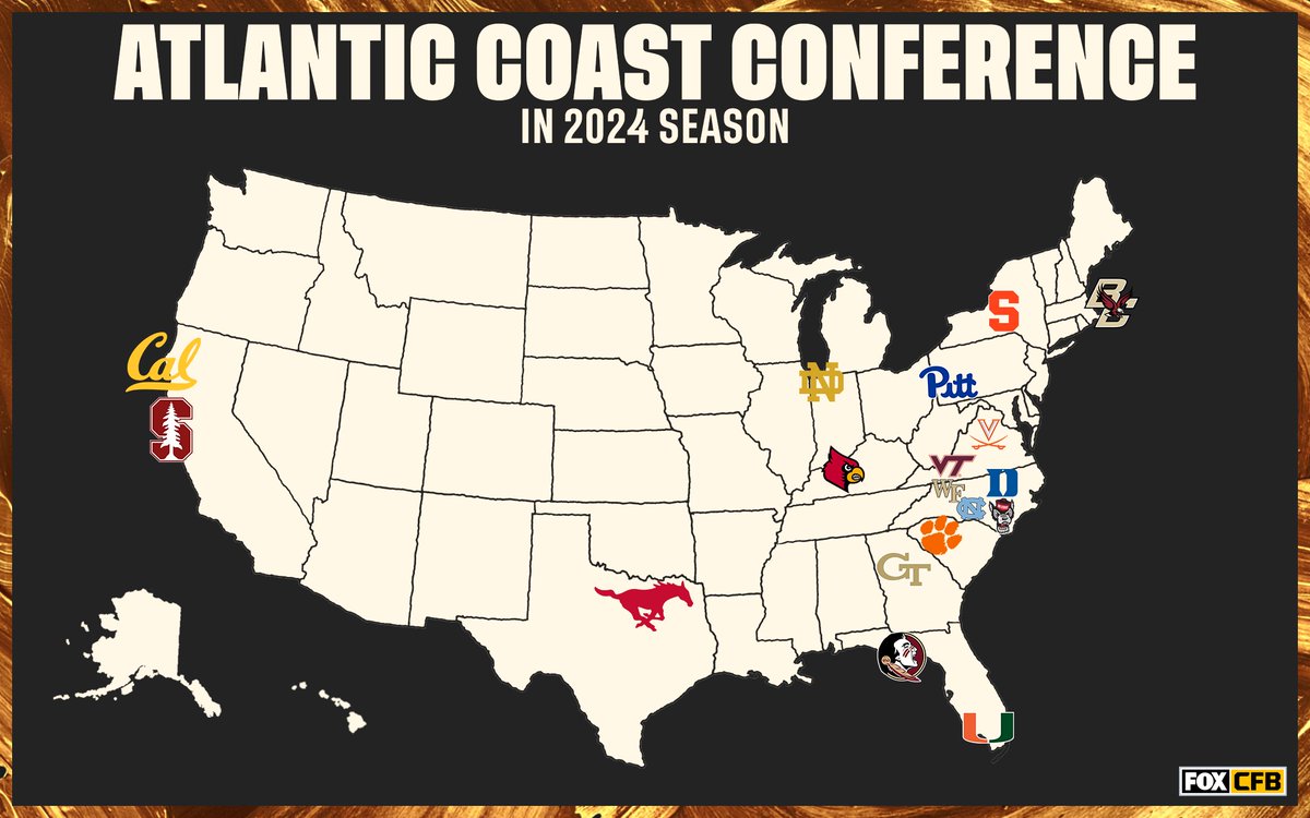 CFBONFOX's tweet photo. Coast to coast 👀🗺

The ACC has announced Cal, SMU and Stanford will join the league in 2024 📈 https://t.co/heks34odeF