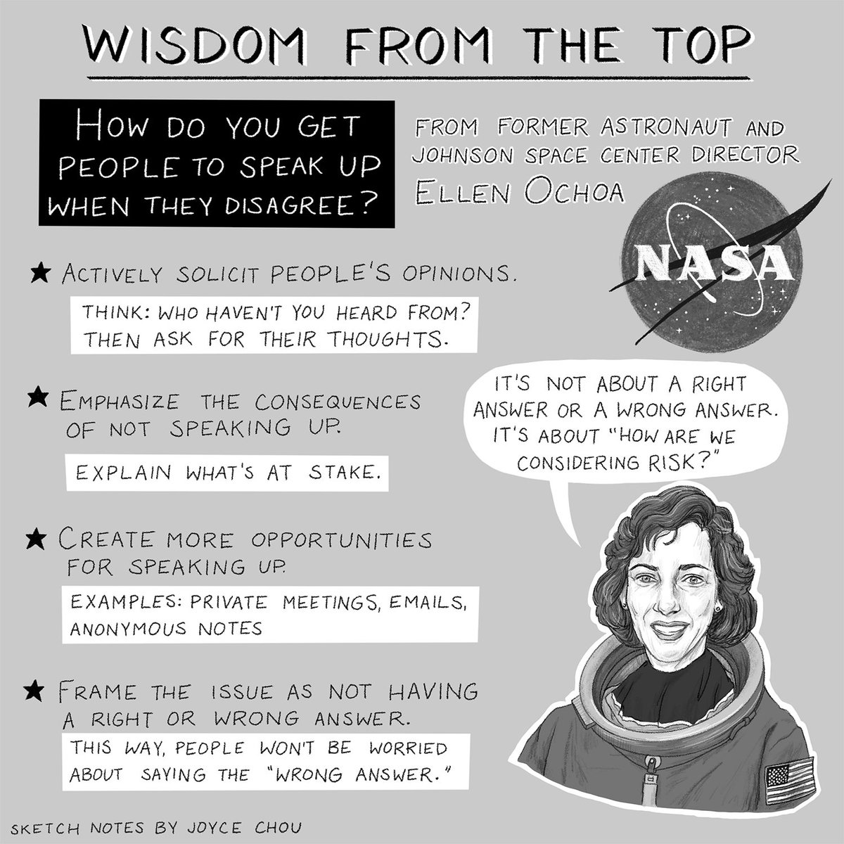 Ellen Ochoa is the first Hispanic woman to go to space—and after the Space Shuttle Columbia disaster, she helped NASA through its recovery.

One big change Ellen helped make: encourage employees to disagree with their leaders.

Insightful interview with <a href="/Astro_Ellen/">Ellen Ochoa</a> &amp; <a href="/guyraz/">Guy Raz</a>