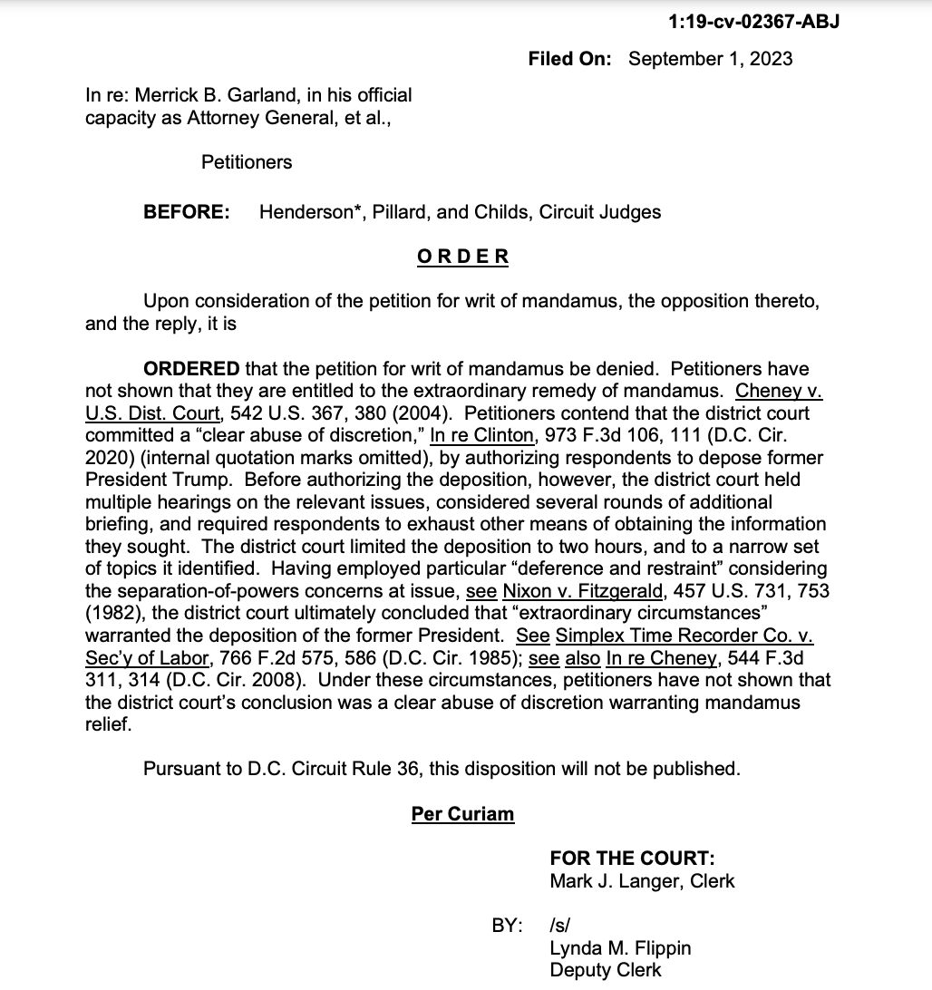 kyledcheney's tweet photo. JUST IN: The court of appeals has *rejected* an effort by DOJ to block the deposition of Donald Trump in a lawsuit brought by @petestrzok against DOJ/FBI over the circumstances of his termination.

https://t.co/xgspfEcYBf https://t.co/BY1XnCRk3e