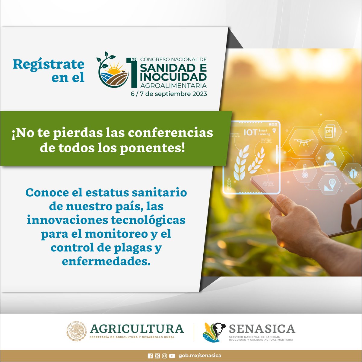 SENASICA's tweet photo. Aparta la fecha en tu calendario 📅 forma parte de la discusión sobre políticas públicas en sanidad e inocuidad y conoce los casos de éxito de programas sanitarios
Regístrate 💻👉https://t.co/Fl9b0sOmmp
#SeguridadAgroalimentaria https://t.co/6Jeo3dlw7R