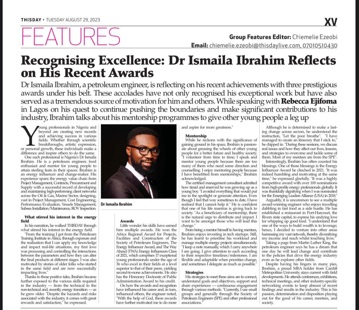 teexlim's tweet photo. Friends, I was featured recently in @THISDAYLIVE and it’s an honor to share with you here. 

https://t.co/jHLKetOrLS

#breakingnewgrounds #Awards #excellence #spe #wearespe #energy #tech https://t.co/S0B2Dki5O3