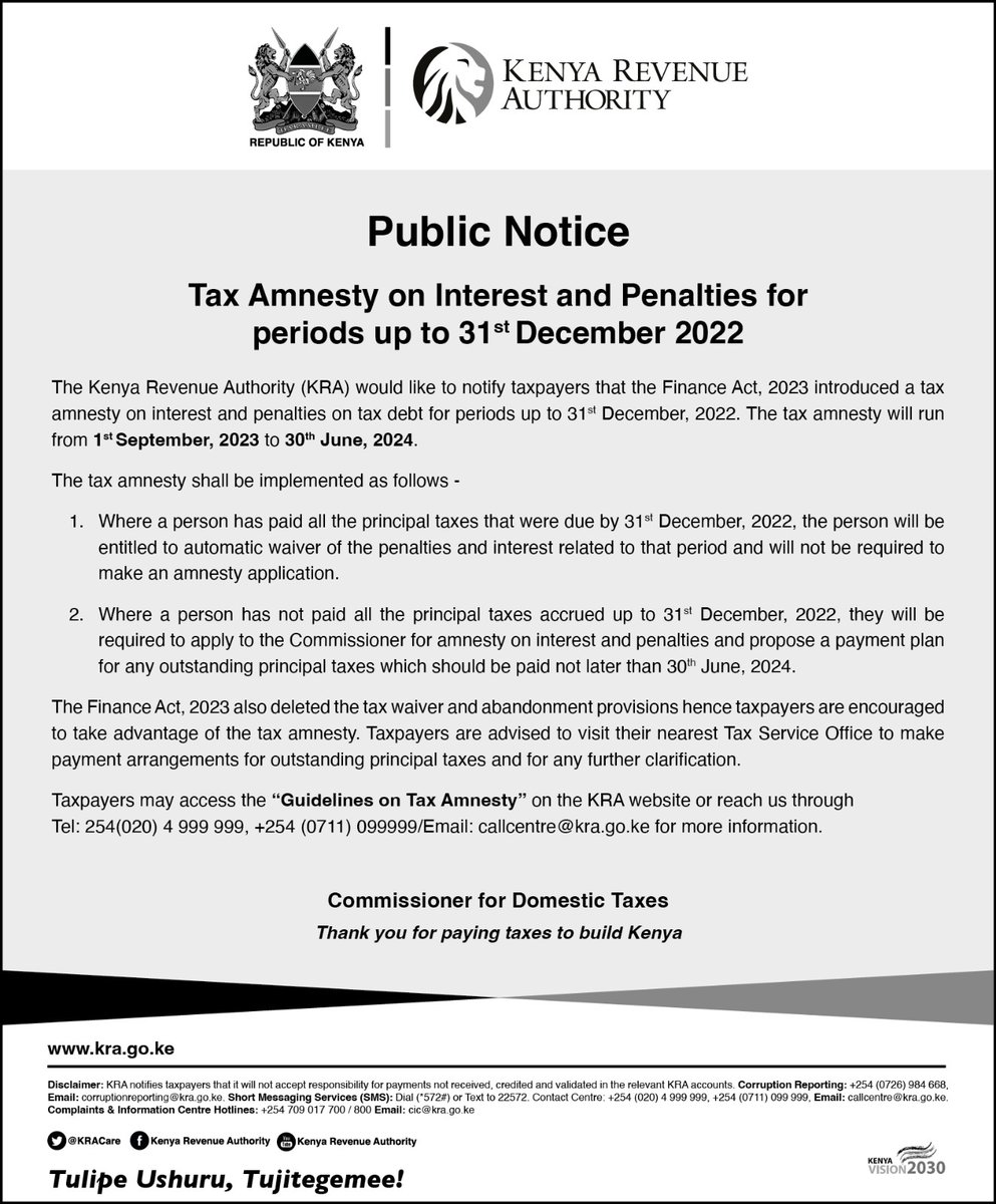 We would like to notify taxpayers that the Finance Act 2023 introduced a tax amnesty on interest and penalties on tax debt for periods upto 𝟑𝟏𝐬𝐭 𝐃𝐞𝐜𝐞𝐦𝐛𝐞𝐫 𝟐𝟎𝟐𝟐. The tax amnesty will run from 𝟏𝐬𝐭 𝐒𝐞𝐩𝐭𝐞𝐦𝐛𝐞𝐫 𝟐𝟎𝟐𝟑 𝐭𝐨 𝐉𝐮𝐧𝐞 𝟐𝟎𝟐𝟒.