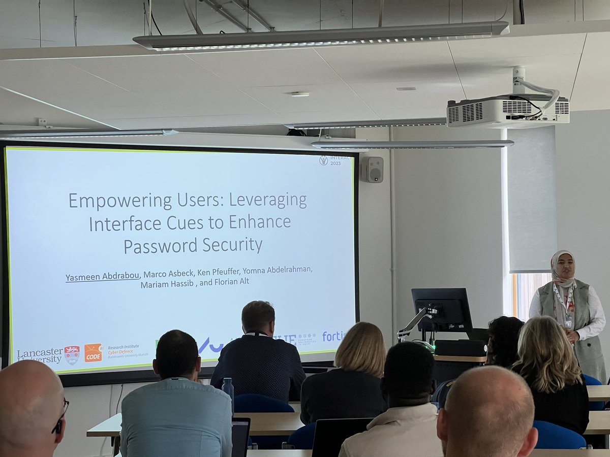 JoshuaNewn's tweet photo. @AbdrabouYasmeen presenting “Empowering Users: Leveraging Interface Cues to Enhance Password Security” at #INTERACT2023 (#INTERACT23). https://t.co/UyELoNoB7G