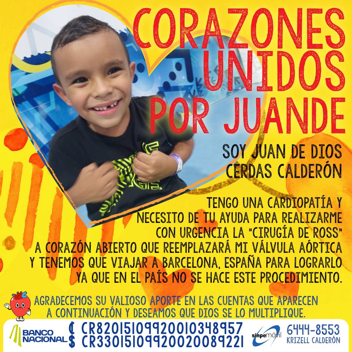 NicolePerera's tweet photo. Juande tiene una cardiopatía q requiere de una cirugía q no se practica en CR. Su familia está recolectando dinero para poder llevarlo a España, pero los costos son muy altos y necesitan apoyo para lograrlo. Recuerden que mil colones cuentan. 

Sinpe: 64448553 
Krizell Calderón https://t.co/f4mFnneB24