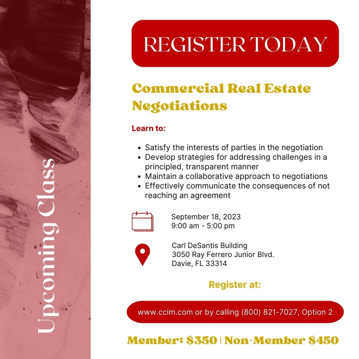 CCIM_Miami's tweet photo. Elevate your negotiation skills by joining this workshop to master proven strategies and fulfill your 8-hour negotiation education requirement for #CCIMDesignation. Don't miss this chance to excel in #commercialrealestatenegotiation! 🏢Register now:https://t.co/SEJxA77xEt
#CCIM https://t.co/F59kSLpj0I
