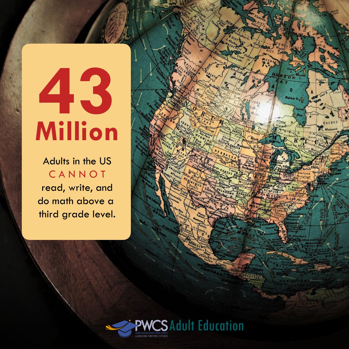 Solve 174+53.
More than 43 million adults in the United States cannot read, write, or do basic math above a third-grade level.
Our goal is to bring the adults within Prince William County, beyond this statistic. To learn more about what we do visit pwcs.edu/AdultEd