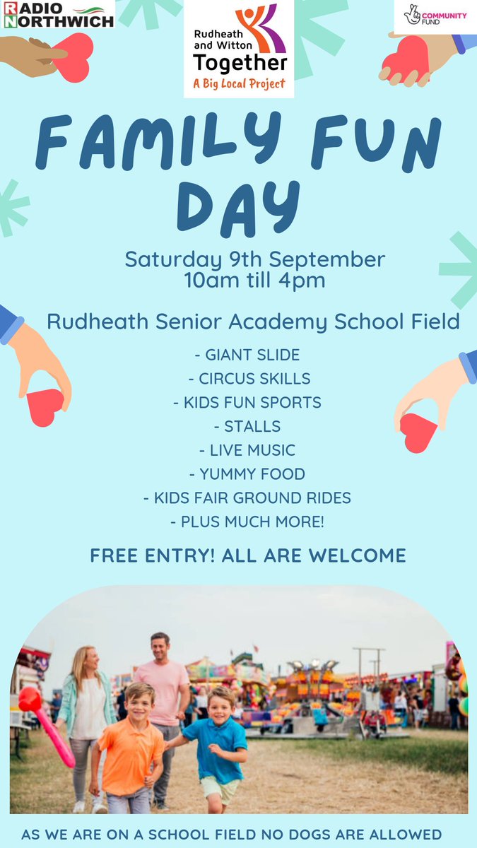 Just days to go until our Family Fun Day!! 🎠🎤😍
Saturday 9th September, 10am -4pm.
Come along for a fun packed day for all the family, lots of stalls, activities (at a low cost or free), food and rides. Free entry!!
Please note no dogs are allowed on the school field site.