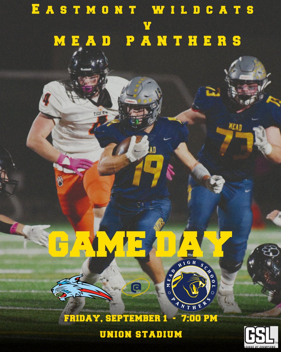 It's Game Day Panthers!  <a href="/MeadHighSchool/">Mead High School</a> hosts the Eastmont Wildcats tonight - 7:00 pm @ Union Stadium!
<a href="/EastmontSports/">Eastmont Athletics</a> Tickets available at the gate or at gomeadpanthersgsl.org/event-tickets
#GOPanthers!  <a href="/GSL_Scores/">GSL</a> <a href="/meadschools/">Mead School District</a> <a href="/SpokesmanSports/">Spokesman Sports</a>