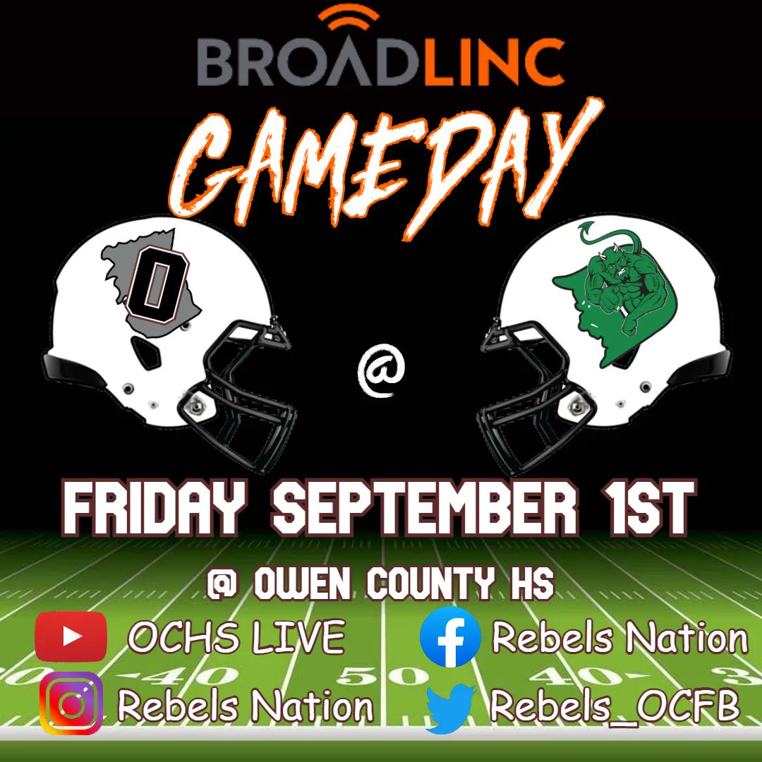 🏈 <a href="/getbroadlinc/">Broadlinc</a> REBELS GAMEDAY 🏈 
<a href="/OwenSchools/">Owen County Schools</a> <a href="/Rebels_OCFB/">Rebels Football</a> vs <a href="/DaytonHSKy/">Dayton HS</a> @DaytonGreen66 <a href="/DHSKYAthletics/">Dayton KY Athletics</a>  
📍 <a href="/OwenSchools/">Owen County Schools</a> 
🎥 OCHS Live on YouTube 
#WEareOC #RepTheO #OCFB