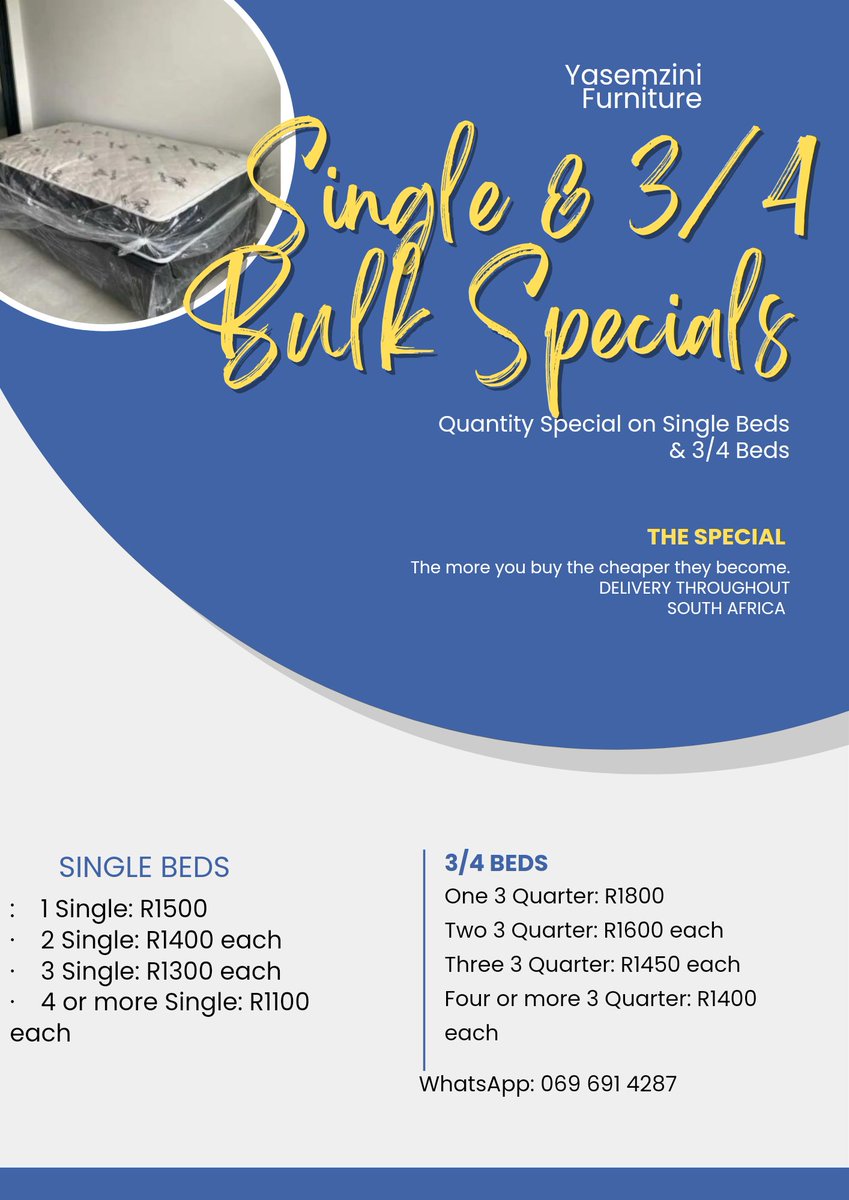 YasemziniLiving's tweet photo. Bulk Specials on brand new Single and 3 Quarter Beds.
Delivery: South Africa πΏπ¦
WhatsApp: 069 691 4287
Gqeberha NSFAS East London Sundowns Rhulani Mshololo #lasttimeisawyou #springday2023 #MnakwethuHappilyEverAfter #VisitRwanda Joao Felix Cape Town Andrew Tate Ansu Fati https://t.co/1Na2VdkwDq