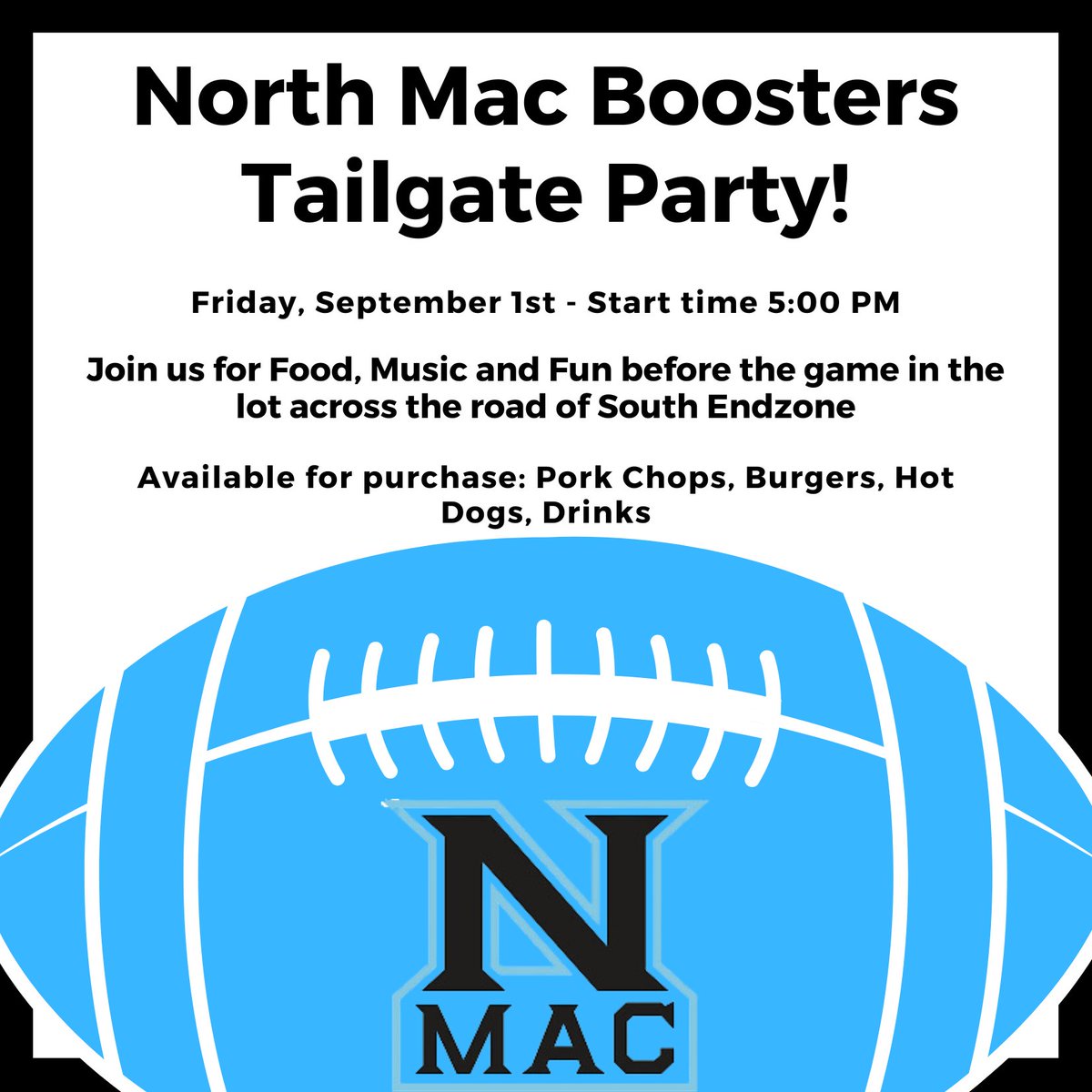 nmacboosters's tweet photo. Varsity Football home opener is tonight. We will start the grills early across the street from the South Endzone again this year. Hot food will be available inside once gates open as well! Come out to the field to support our Football team, Cheerleaders &amp; Band. They work so hard! https://t.co/38I4qUUmD0