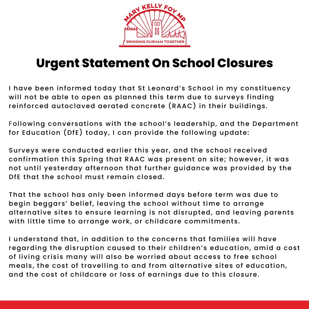 marykfoy's tweet photo. 🚨 RAAC STATEMENT 🚨

I am utterly appalled that St Leonards School cannot open its doors to pupils next week because of the Government’s incompetence.

My statement in full ⬇️ regarding the news RAAC has been found on site.

#Schools 
#SchoolSafety 
#GeneralElectionNow https://t.co/Iupl9hwElV