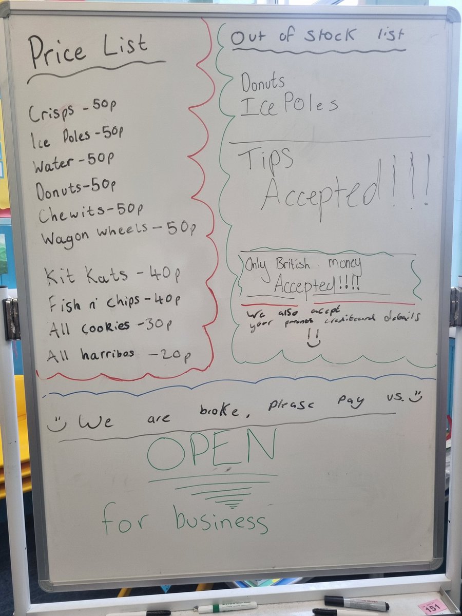 FundraisingP7's tweet photo. Tuck shop was back with a bang today! The Primary 7 helpers had some ideas of their own and made use of the WB behind them... https://t.co/uDJ16kRWbg