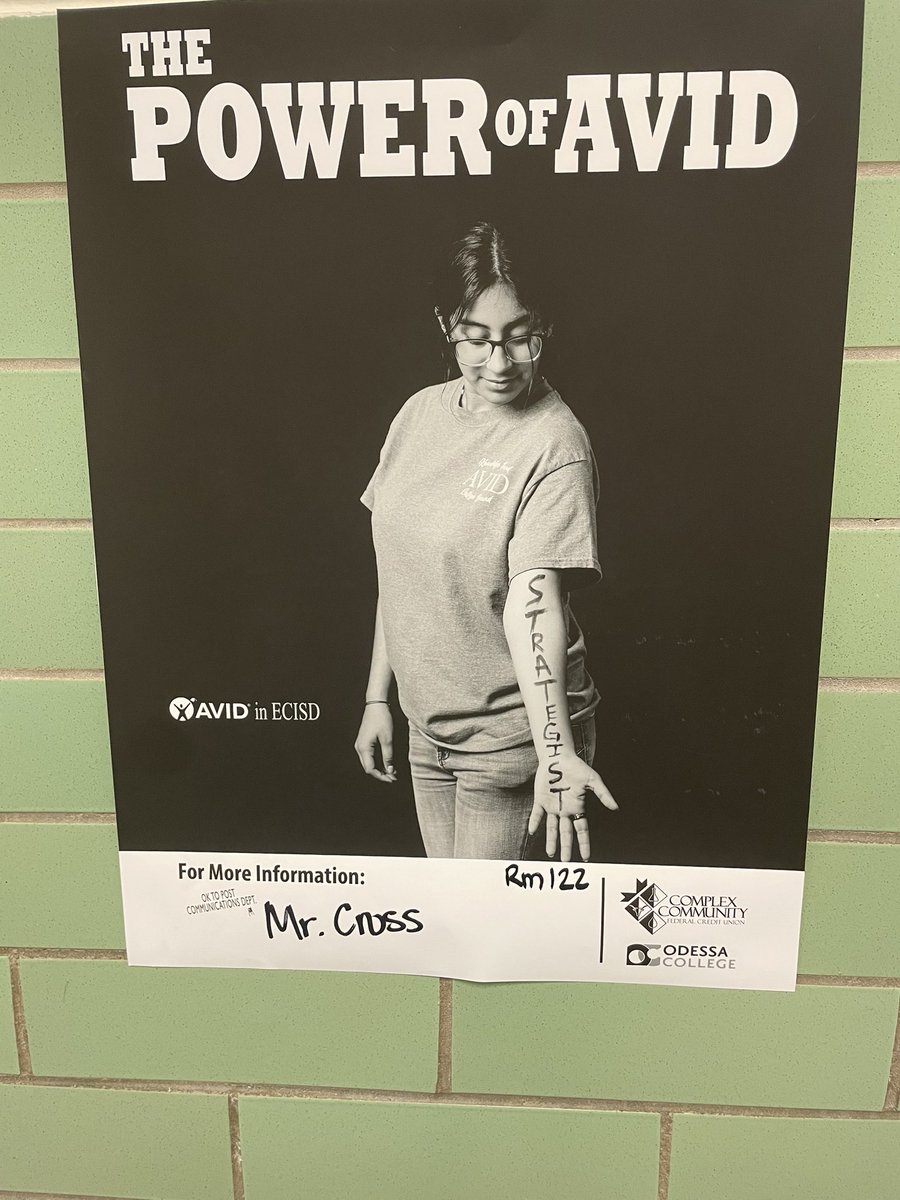 Bonham_AVID's tweet photo. A huge thank you to @ccfcu_odessa for hanging these amazing poster all over Bonham this week! #inspired @ECISD_AVID4ALL @BonhamOwls #AVID https://t.co/lpGApoZ7FY