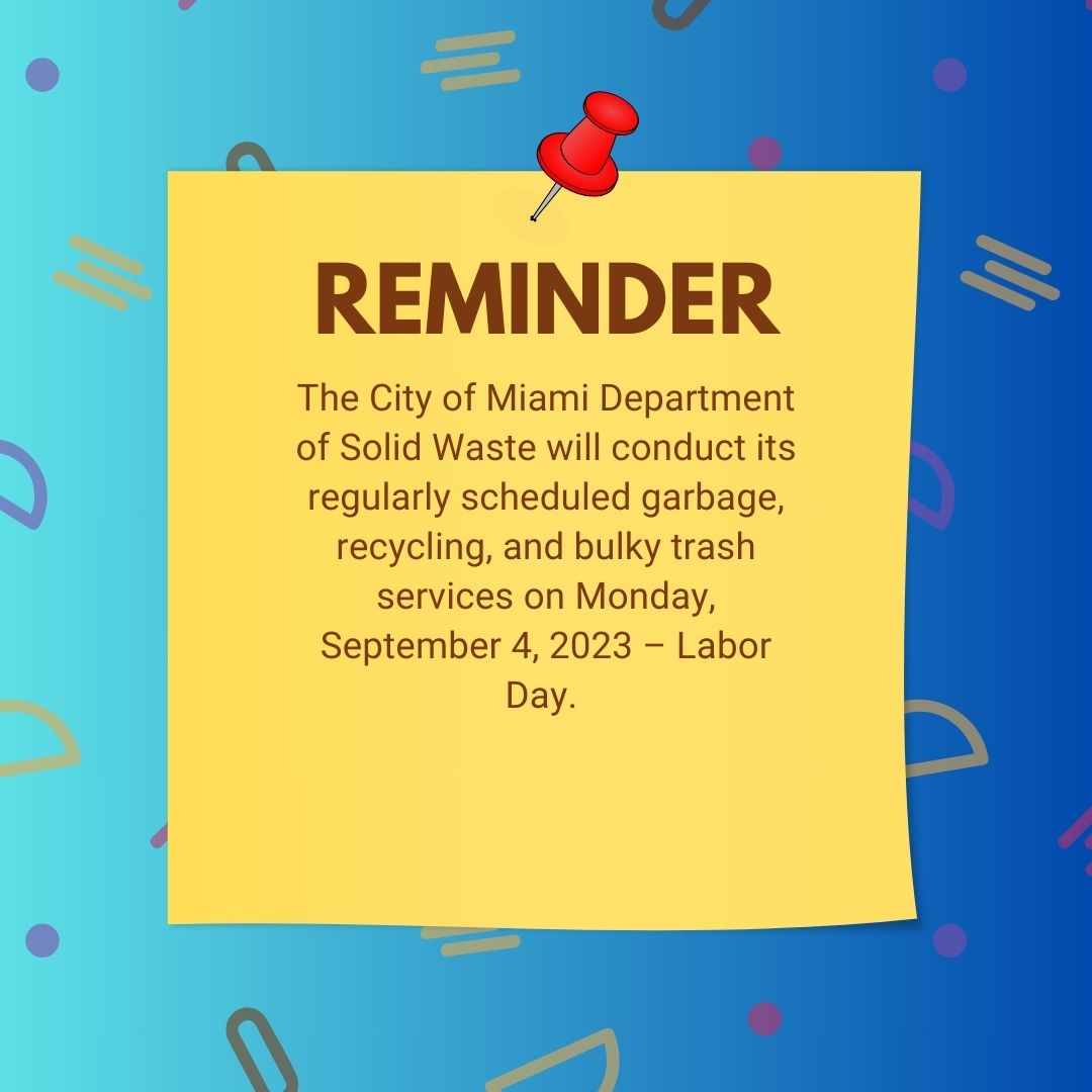 CityofMiami's tweet photo. ๐โป๏ธ Let's all do our part by placing our garbage, recycling, and bulky trash items out the night before collection day. Remember, five feet away from any objects on the public right of way. #MiamiCleanCity #LaborDay #KeepMiamiBeautiful #miamizerowaste #cityofmiami #miami https://t.co/BZk2v30aNV