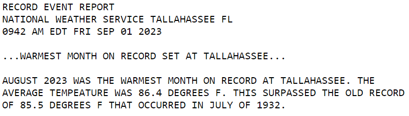 The month of August 2023 was the warmest on record for Tallahassee. This broke a 91 year-old record. The old record was July 1932 that had an average temperature of 85.5°F. August 2023 had an average temperature of 86.4°F.