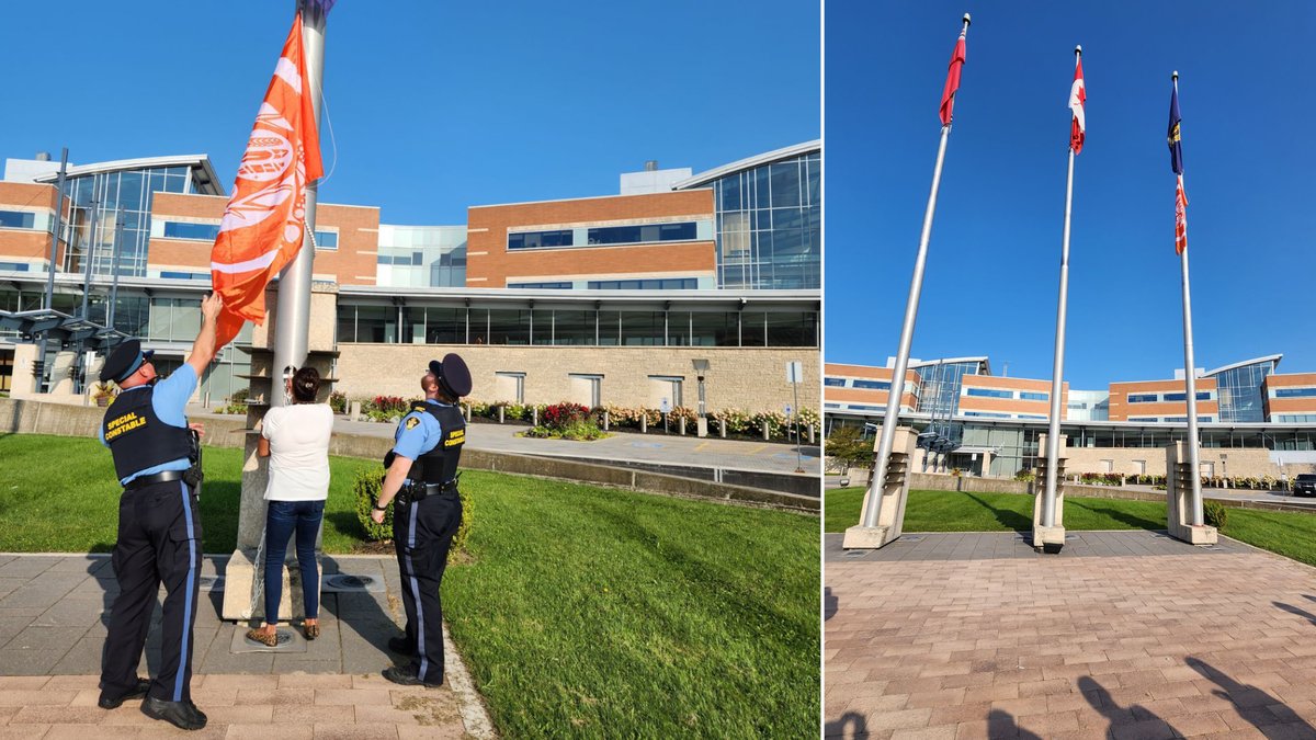 Today, the <a href="/NCTR_UM/">NCTR</a> Survivors’ Flag was raised at #OPP General Headquarters. The flag will be flown throughout September to honour all Survivors, families and communities impacted by the residential school system. To learn about the flag’s design, visit nctr.ca/exhibits/survi…