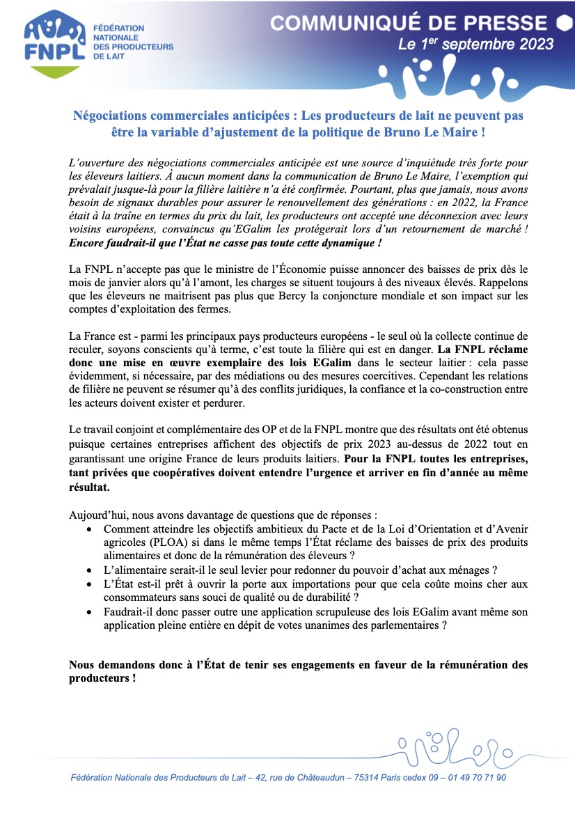 Négociations commerciales anticipées : Les producteurs de lait ne peuvent pas être la variable d’ajustement de la politique de Bruno Le Maire !