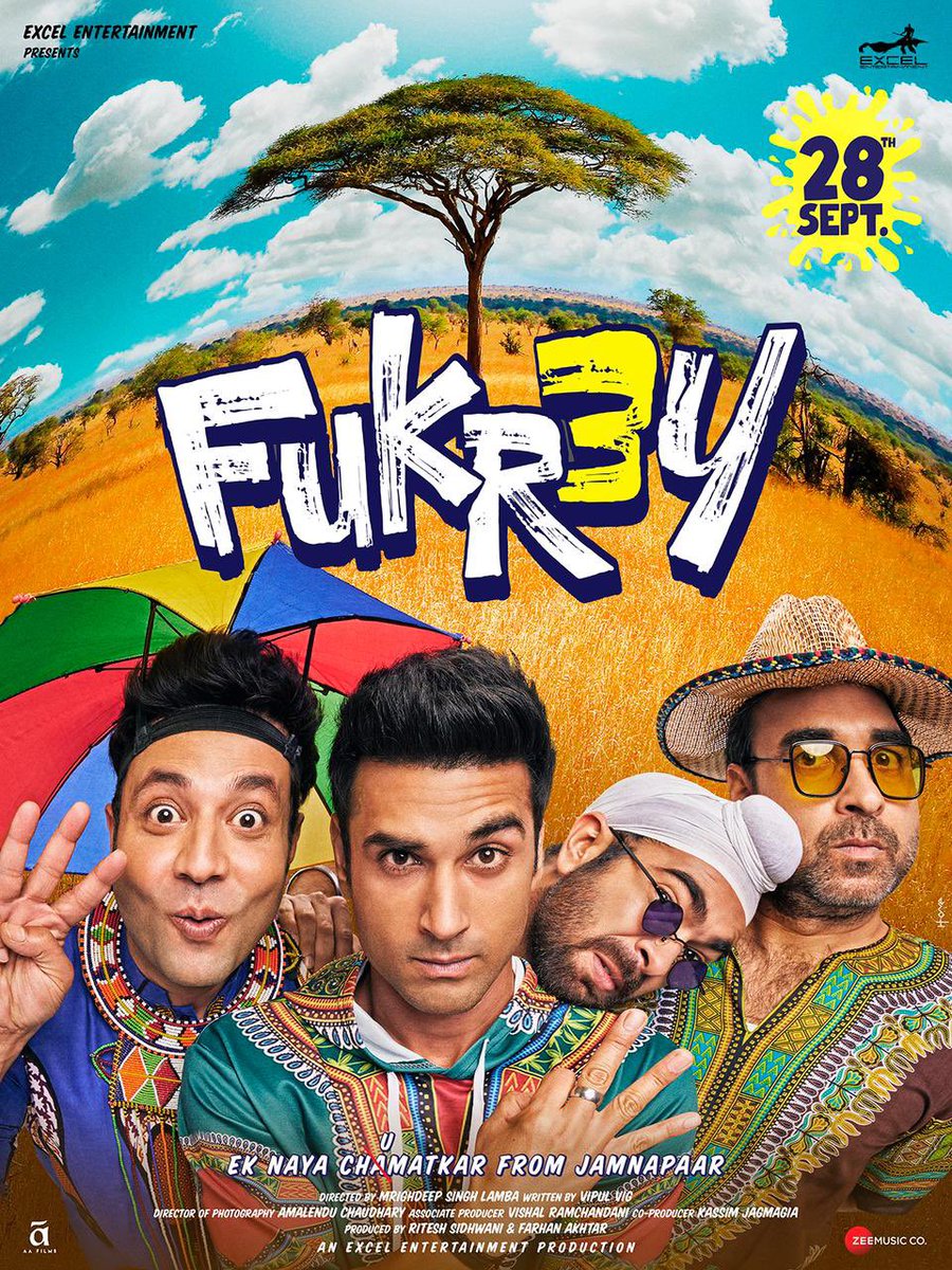 The third instalment of the most loved underdog franchise, ‘Fukrey’, locked to arrive soon! @ritesh_sid and @FarOutAkhtar 's @excelmovies ’ most awaited #Fukrey3 to release on 28th September 2023 in cinemas near you! @PulkitSamrat @varunsharma90 @OyeManjot @TripathiiPankaj…