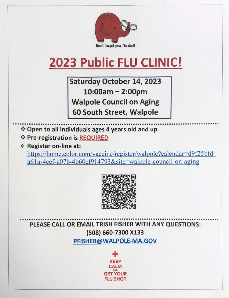 WalpoleNurse's tweet photo. The Walpole Health Department is excited to host another annual flu clinic!
Saturday October 14, 2023 10am - 2pm
Walpole Council on Aging/60 South St
Registration is REQUIRED:
https://t.co/Fk7zvfOzOM
@TownofWalpole 
📷 https://t.co/p2KsSmQ6pL