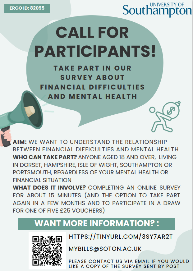 CALL FOR PARTICIPANTS! If you live in Hampshire, Dorset, Isle of Wight, Southampton or Portsmouth please consider taking part in a brief survey about how money problems & the #CostOfLivingCrisis impacts #mentalhealth. Anyone can take part. Thank you! southampton.qualtrics.com/jfe/form/SV_6m…