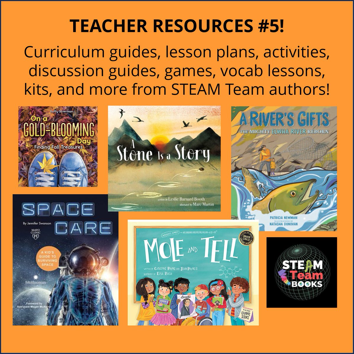 Day 5 of #resources for #teachers from @STEAMTeamBooks authors! @LBB_books lesliebarnardbooth.com/resources-stone @scinaturally and @cathyapayne-tinyurl.com/sd2cxres @PatriciaNewman patriciamnewman.com/teacher-guides/ @JenSwanBooks jenniferswansonbooks.com/teachers-guide… @BuffySilverman buffysilverman.com/on-a-gold-bloo…