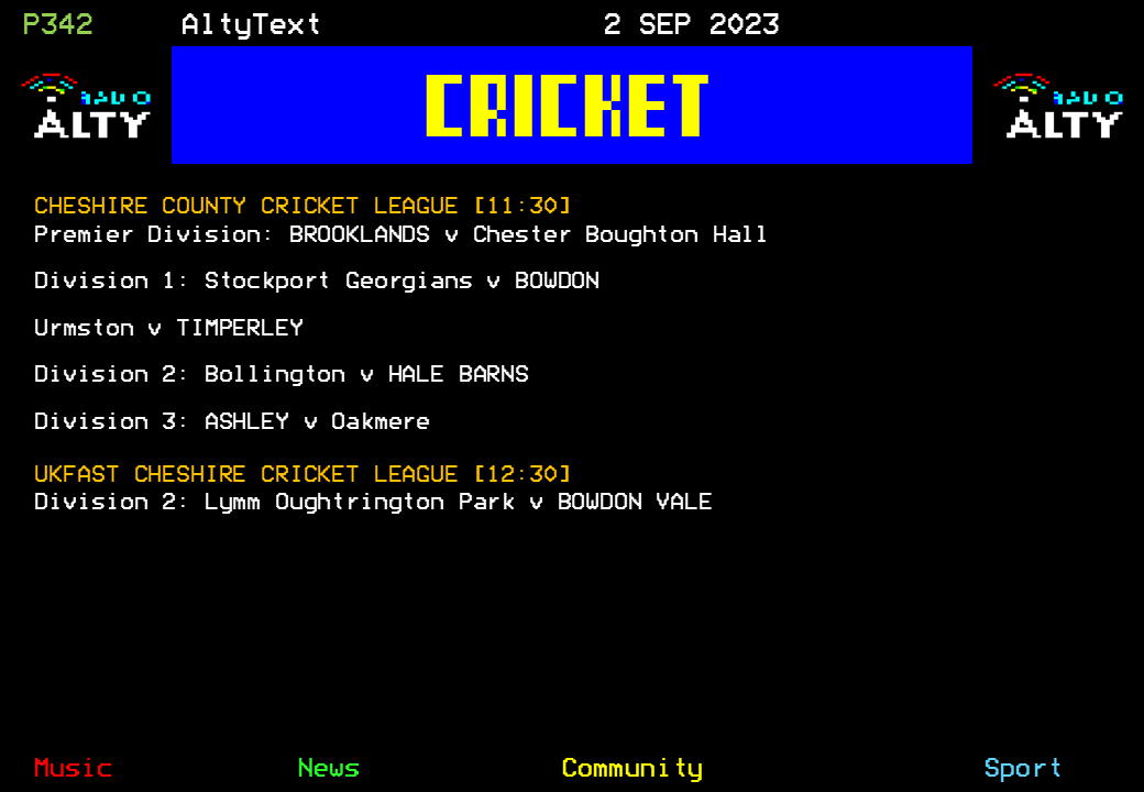 #AltyText - Cricket. Here's today's fixtures for <a href="/Brooklands_CC/">Brooklands Cricket</a>, <a href="/BowdonCricket/">Bowdon Cricket Club</a>, <a href="/Timperley_CC/">TimperleyCricketClub</a>, <a href="/HaleBarnsCC/">Hale Barns Cricket Club</a>, <a href="/CricketAshleyCC/">Ashley Cricket Club</a> and <a href="/BowdonValeCC/">Bowdon Vale CC</a> as their league campaigns enter the final run-in.  #RadioAltySport