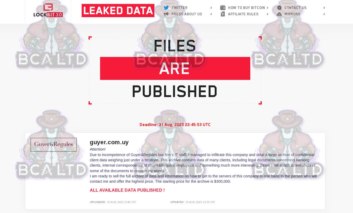 BirminghamCyber's tweet photo. 🔐 New #ransomware incident.

🇺🇾 #Uruguay: Guyer &amp; Regules announced by Lockbit. Confidential business and employee information compromised including passports, contracts and financial documents.

👁️ Stay informed with #DarkFeed for the latest Ransomware #ThreatIntelligence. https://t.co/Ozvxr1WUtQ