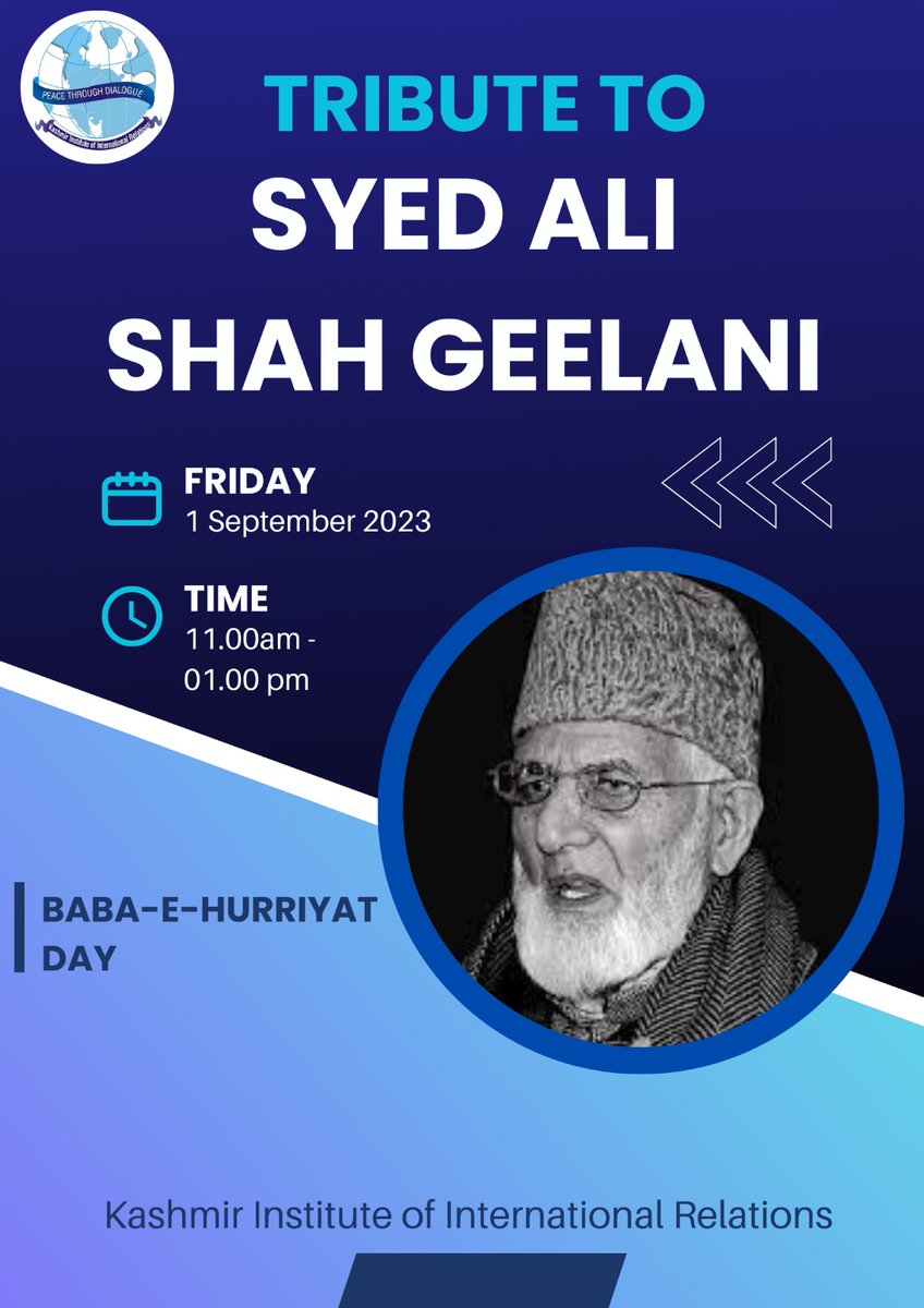 _KIIR_'s tweet photo. Sep 1, 2023:
#KIIR reverently remembers the late Baba-e-Hurriyat, #SyedAliShahGeelani today on the solemn occasion of his 2nd martyrdom anniversary.

@sultan1913 @MHHRsays @MalihaaMughal @Muhammmad_Alii https://t.co/M3xS2nlijh