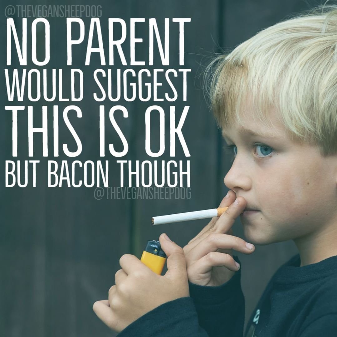 Most parents would not be ok with their kids smoking... but then again most parents are ok with serving their kids bacon, processed meats, and other known level 1 carcinogens... you know like cigarettes. 

#kids #smoking #animals #kindness #compassion #dog #cats #pigs #bacon