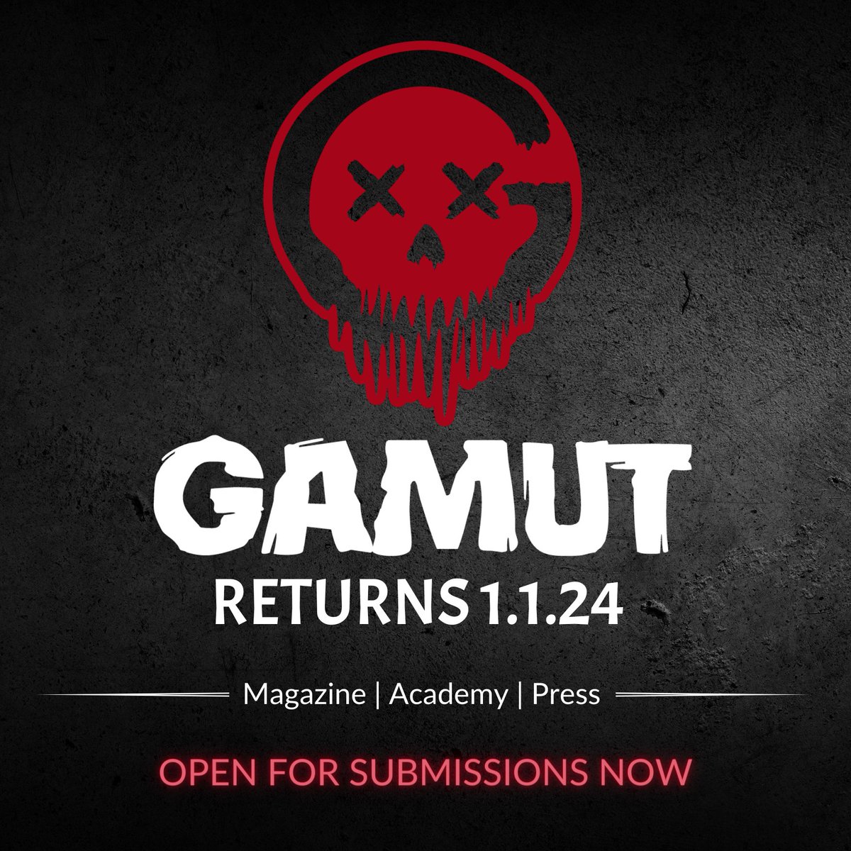 Have you missed Gamut? On 1/1/24, we'll return as HOUSE OF GAMUT—a global nonprofit and home for readers and writers of dark speculative fiction featuring: 💀 An online magazine 💀 A publishing arm 💀 An academy for writers Enter the #HouseOfGamut ▶️ bit.ly/4517tnF